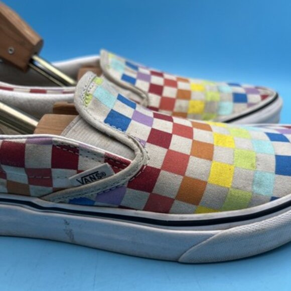 Rainbow Checkered Vans Size 7.5 Men, 9 Woman Laceless Slip On Skater Shoes - Picture 3 of 12